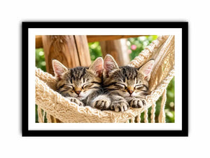 Bright cozy sleeping kitten wall art featuring two tabby cats resting in a woven hammock with soft natural daylight and neutral organic tones.