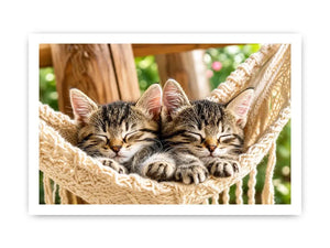Bright cozy sleeping kitten wall art featuring two tabby cats resting in a woven hammock with soft natural daylight and neutral organic tones.