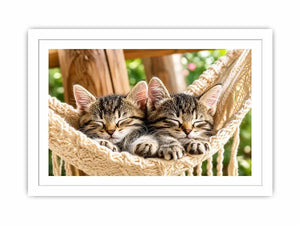 Bright cozy sleeping kitten wall art featuring two tabby cats resting in a woven hammock with soft natural daylight and neutral organic tones.