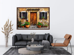 Bright rustic Mediterranean house facade wall art with vintage wooden doors, textured stone walls, and terracotta flower pots in airy natural daylight.