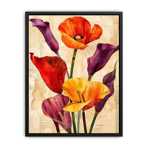 Bright modern floral collage wall art featuring colorful abstract botanical flowers with layered vintage paper textures and elegant contemporary styling.