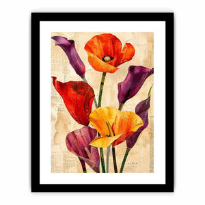 Bright modern floral collage wall art featuring colorful abstract botanical flowers with layered vintage paper textures and elegant contemporary styling.