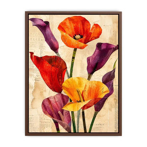 Bright modern floral collage wall art featuring colorful abstract botanical flowers with layered vintage paper textures and elegant contemporary styling.
