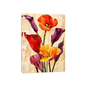 Bright modern floral collage wall art featuring colorful abstract botanical flowers with layered vintage paper textures and elegant contemporary styling.