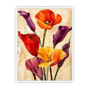 Bright modern floral collage wall art featuring colorful abstract botanical flowers with layered vintage paper textures and elegant contemporary styling.