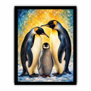 Bright modern penguin family wall art featuring two emperor penguins and a baby chick with painterly textures and soft Arctic-inspired colors.