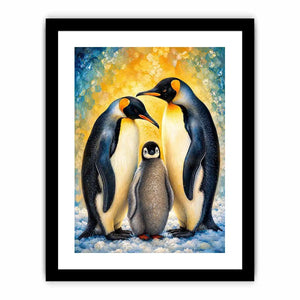 Bright modern penguin family wall art featuring two emperor penguins and a baby chick with painterly textures and soft Arctic-inspired colors.