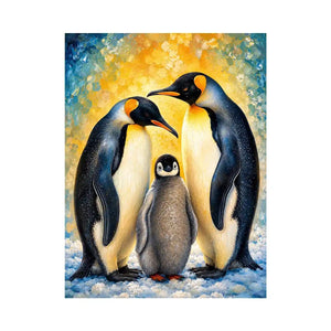 Bright modern penguin family wall art featuring two emperor penguins and a baby chick with painterly textures and soft Arctic-inspired colors.
