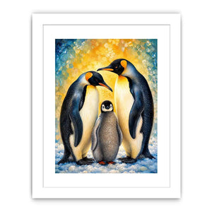 Bright modern penguin family wall art featuring two emperor penguins and a baby chick with painterly textures and soft Arctic-inspired colors.
