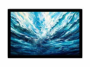 Bright abstract ocean wave wall art featuring flowing blue water textures, dynamic coastal movement, and airy modern painterly styling.