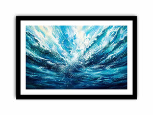 Bright abstract ocean wave wall art featuring flowing blue water textures, dynamic coastal movement, and airy modern painterly styling.