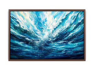 Bright abstract ocean wave wall art featuring flowing blue water textures, dynamic coastal movement, and airy modern painterly styling.