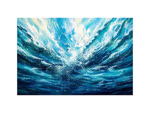 Bright abstract ocean wave wall art featuring flowing blue water textures, dynamic coastal movement, and airy modern painterly styling.