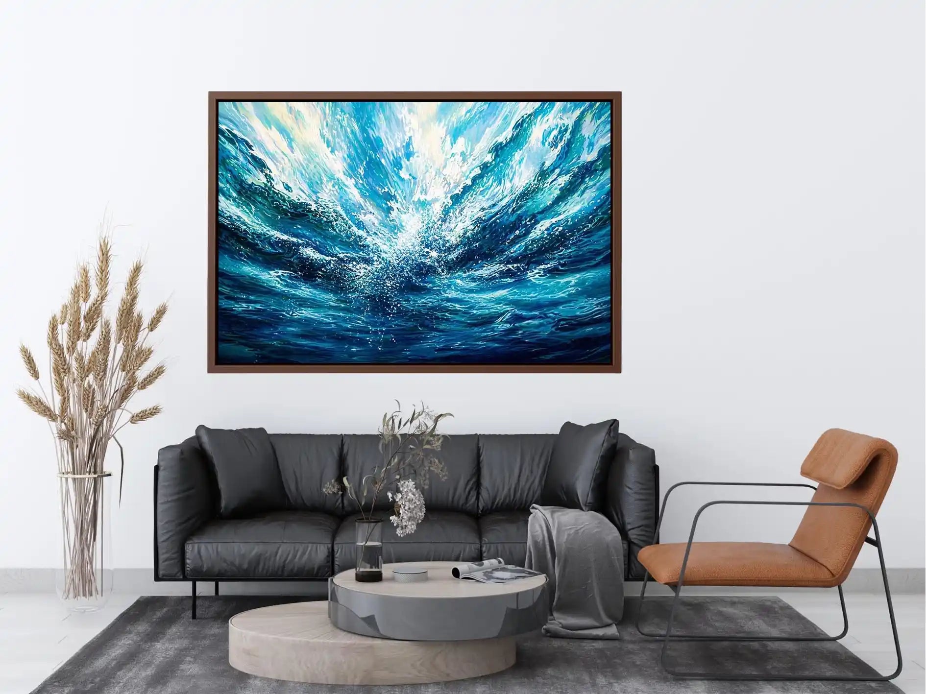 Bright abstract ocean wave wall art featuring flowing blue water textures, dynamic coastal movement, and airy modern painterly styling.