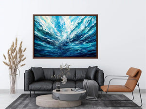 Bright abstract ocean wave wall art featuring flowing blue water textures, dynamic coastal movement, and airy modern painterly styling.