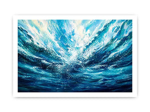Bright abstract ocean wave wall art featuring flowing blue water textures, dynamic coastal movement, and airy modern painterly styling.