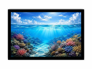 Bright coastal ocean reef wall art featuring tranquil underwater coral scenery with crystal blue water, tropical marine life, and airy natural light.