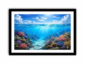Bright coastal ocean reef wall art featuring tranquil underwater coral scenery with crystal blue water, tropical marine life, and airy natural light.