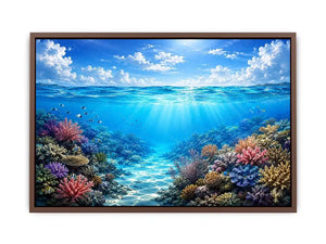 Bright coastal ocean reef wall art featuring tranquil underwater coral scenery with crystal blue water, tropical marine life, and airy natural light.