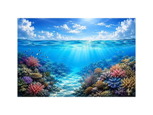 Bright coastal ocean reef wall art featuring tranquil underwater coral scenery with crystal blue water, tropical marine life, and airy natural light.