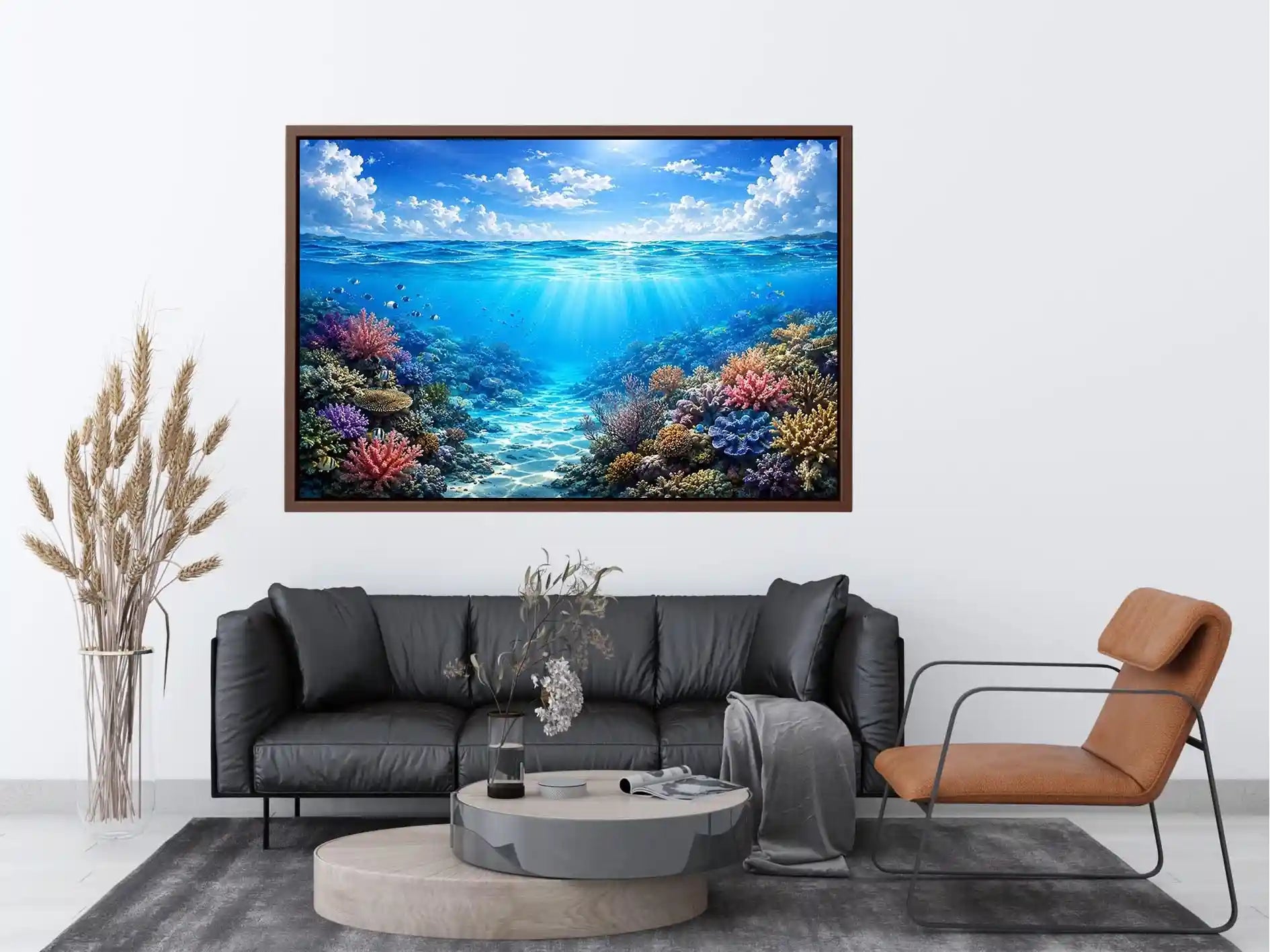 Bright coastal ocean reef wall art featuring tranquil underwater coral scenery with crystal blue water, tropical marine life, and airy natural light.