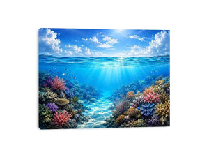 Bright coastal ocean reef wall art featuring tranquil underwater coral scenery with crystal blue water, tropical marine life, and airy natural light.