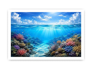 Bright coastal ocean reef wall art featuring tranquil underwater coral scenery with crystal blue water, tropical marine life, and airy natural light.