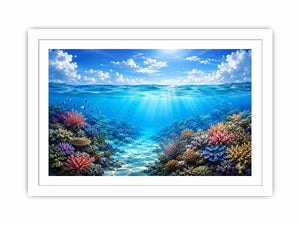 Bright coastal ocean reef wall art featuring tranquil underwater coral scenery with crystal blue water, tropical marine life, and airy natural light.