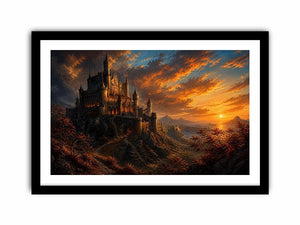 Epic fantasy castle on a mountain with glowing sunset sky and dramatic landscape