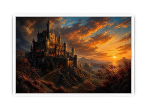 Epic fantasy castle on a mountain with glowing sunset sky and dramatic landscape