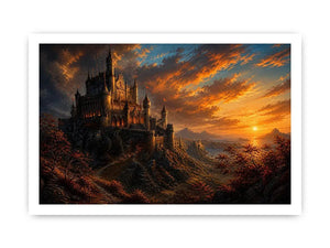 Epic fantasy castle on a mountain with glowing sunset sky and dramatic landscape