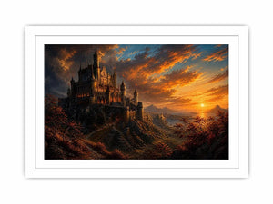 Epic fantasy castle on a mountain with glowing sunset sky and dramatic landscape