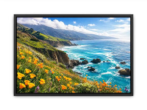 Bright coastal cliff landscape wall art featuring turquoise ocean waves, dramatic rocky coastline, and vibrant wildflowers under soft natural daylight.