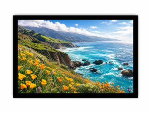 Bright coastal cliff landscape wall art featuring turquoise ocean waves, dramatic rocky coastline, and vibrant wildflowers under soft natural daylight.