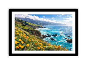 Bright coastal cliff landscape wall art featuring turquoise ocean waves, dramatic rocky coastline, and vibrant wildflowers under soft natural daylight.