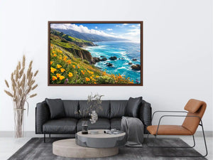 Bright coastal cliff landscape wall art featuring turquoise ocean waves, dramatic rocky coastline, and vibrant wildflowers under soft natural daylight.