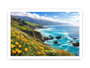 Bright coastal cliff landscape wall art featuring turquoise ocean waves, dramatic rocky coastline, and vibrant wildflowers under soft natural daylight.