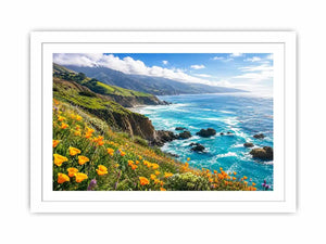 Bright coastal cliff landscape wall art featuring turquoise ocean waves, dramatic rocky coastline, and vibrant wildflowers under soft natural daylight.