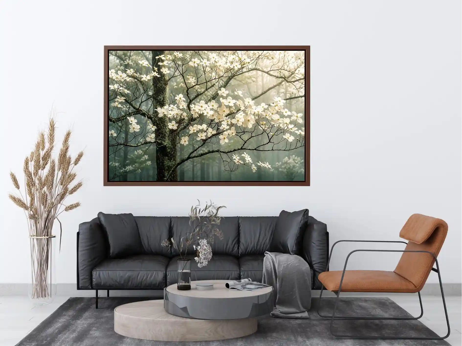 Soft magnolia blossom wall art featuring delicate white flowers on misty woodland branches with calming neutral tones and elegant botanical styling.