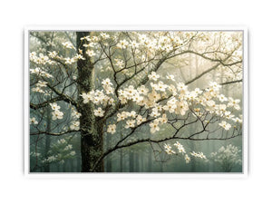 Soft magnolia blossom wall art featuring delicate white flowers on misty woodland branches with calming neutral tones and elegant botanical styling.