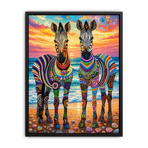 Bright colorful zebra pop art wall art featuring vibrant patterned wildlife illustrations on a dreamy coastal background with bold artistic detail.