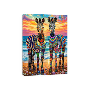 Bright colorful zebra pop art wall art featuring vibrant patterned wildlife illustrations on a dreamy coastal background with bold artistic detail.
