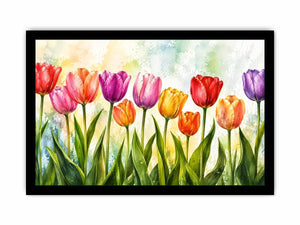 Bright tulip botanical wall art featuring colorful spring flowers with soft watercolor textures and elegant modern floral styling.