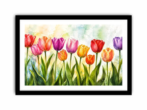 Bright tulip botanical wall art featuring colorful spring flowers with soft watercolor textures and elegant modern floral styling.