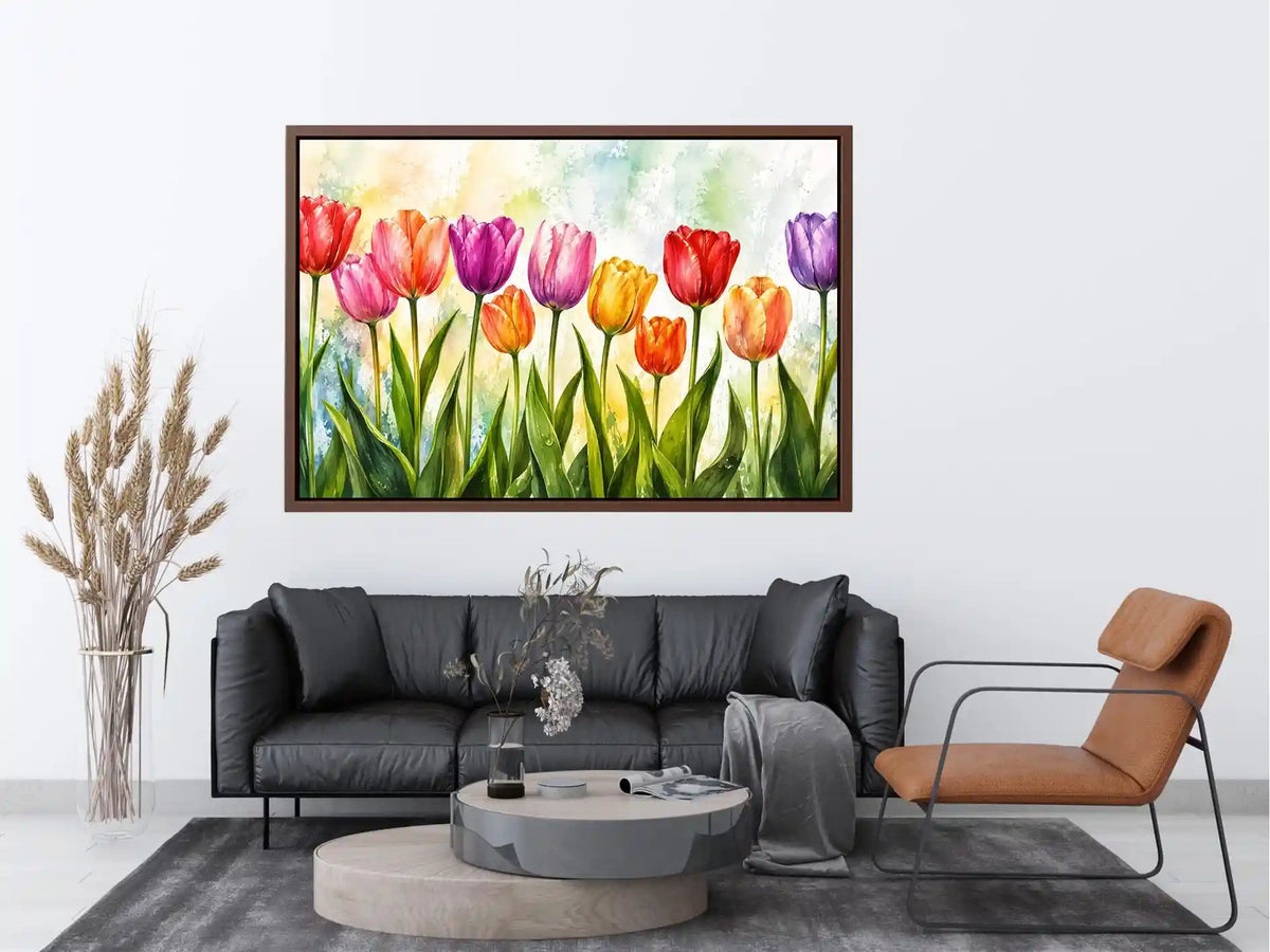 Bright tulip botanical wall art featuring colorful spring flowers with soft watercolor textures and elegant modern floral styling.