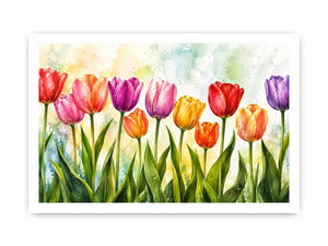 Bright tulip botanical wall art featuring colorful spring flowers with soft watercolor textures and elegant modern floral styling.
