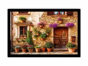Rustic Mediterranean stone house facade with pink flowers and vintage wooden doors wall art canvas for luxury living room decor