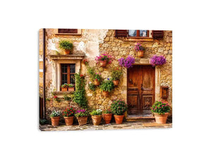 Rustic Mediterranean stone house facade with pink flowers and vintage wooden doors wall art canvas for luxury living room decor