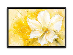 Elegant white flower abstract watercolor on bright yellow background modern floral wall art canvas for luxury living room decor