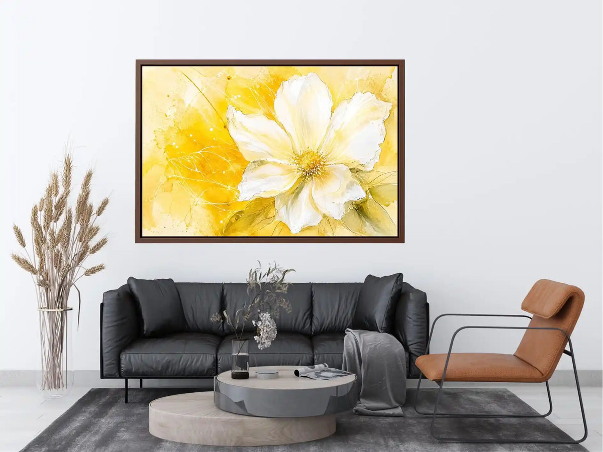 Elegant white flower abstract watercolor on bright yellow background modern floral wall art canvas for luxury living room decor